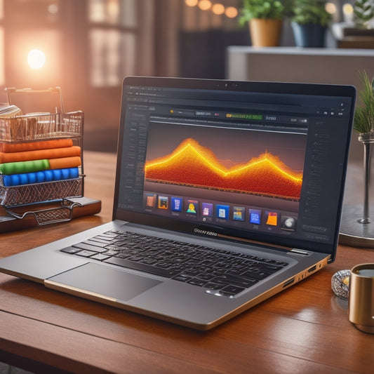 A laptop with a bright, glowing screen displaying a graph with an upward trend, surrounded by scattered certificates, trophies, and a miniature shopping cart overflowing with coins.