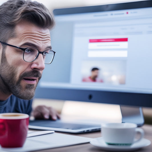 A frustrated user's face reflected on a laptop screen, surrounded by scattered papers and coffee cups, with a blurred website login page in the background featuring a red "error" symbol.