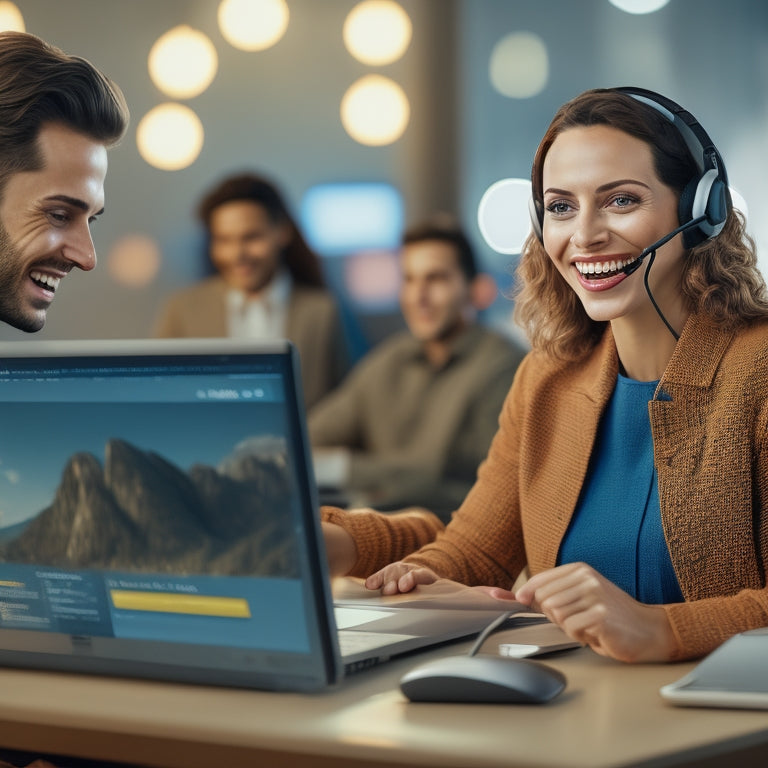 A smiling customer service representative sitting in front of a laptop, surrounded by satisfied customer avatars on screens, with a cityscape or online shopping bags in the blurred background.