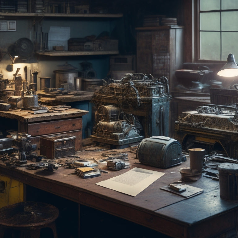 A messy workshop with scattered engine parts and tools, featuring a central, well-lit desk with a laptop open to Cummins QuickServe, surrounded by stacks of engine manuals and diagrams.