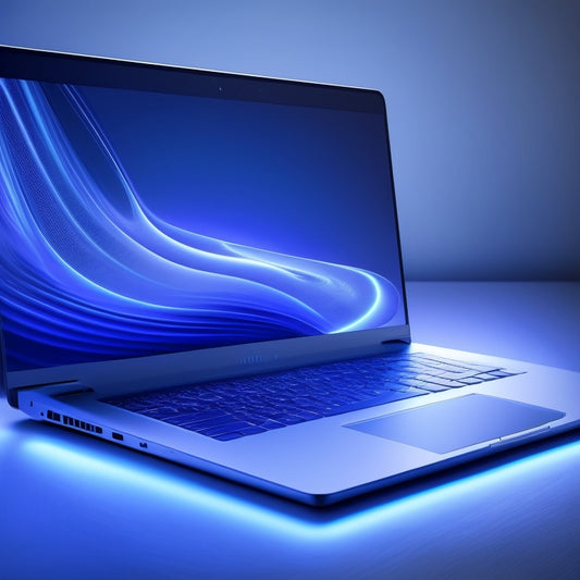 A futuristic, minimalist illustration featuring a sleek, silver laptop with a glowing blue screen displaying a digital invoice, surrounded by swirling, abstract shapes representing innovation and efficiency.