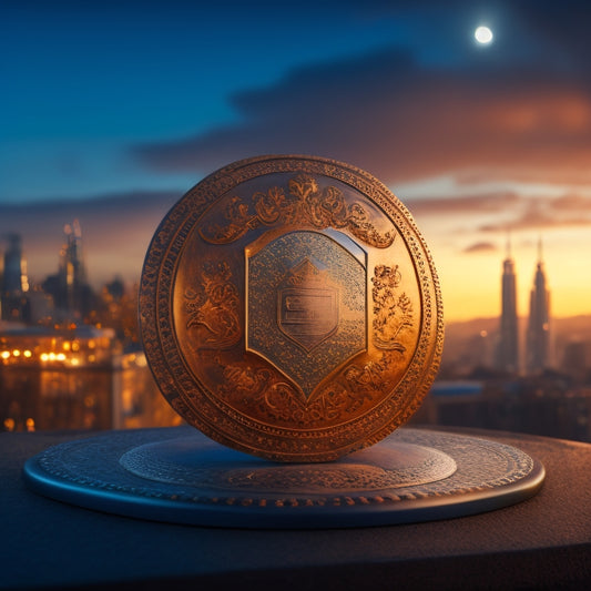 A shield with a credit card embedded in its center, surrounded by a circle of intricate locks, with a subtle glow effect and a faint cityscape in the background, conveying security and protection.