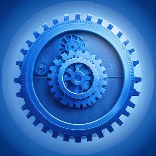 A stylized illustration of a digital download icon (a downward-facing arrow) surrounded by gears, cogs, and clockwork mechanisms, with a subtle background gradient of blues and whites, conveying efficiency and speed.