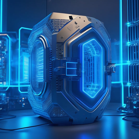 A futuristic, high-tech illustration depicting a shield protecting a computer server, with glowing blue circuits and wires converging to form a robust, impenetrable fortress.