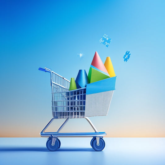 An illustration of a rising arrow, crafted from puzzle pieces, bursting out of a shopping cart, surrounded by subtle ecommerce icons, set against a gradient blue background evoking growth and success.