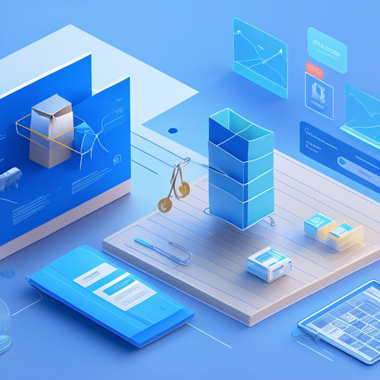 A stylized, modern illustration of an e-commerce website blueprint unfolding like a roadmap, with shopping bags, arrows, and minimalist product icons, set against a bright, gradient blue background.