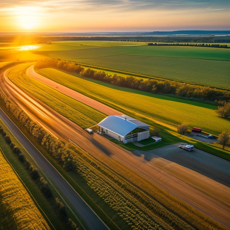 An aerial view of a thriving farm with lush green fields, modern machinery, and a sleek, silver barn, surrounded by a network of roads and highways, with a subtle sunrise glow.