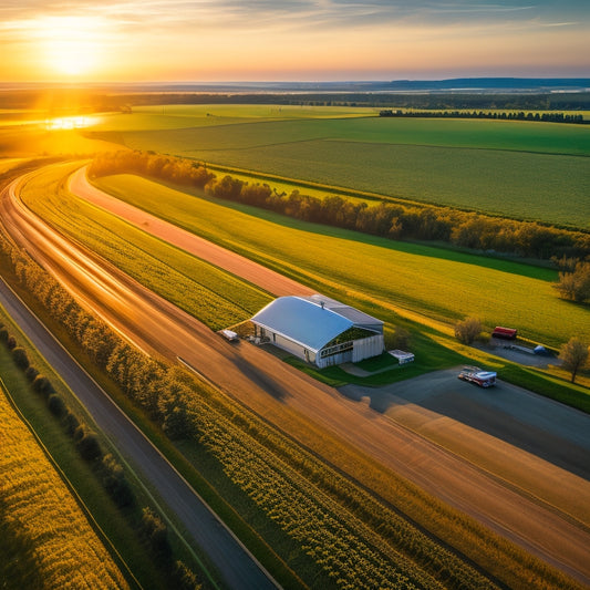 An aerial view of a thriving farm with lush green fields, modern machinery, and a sleek, silver barn, surrounded by a network of roads and highways, with a subtle sunrise glow.