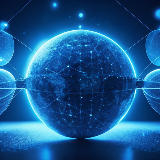 A futuristic, interconnected ecommerce ecosystem with glowing blue circuits, orbiting spheres, and pulsing nodes, set against a dark, gradient background, symbolizing flexibility and limitless possibilities.