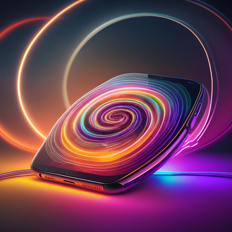 A futuristic, minimalist illustration of a smartphone surrounded by swirling, iridescent digital threads, with a stylized, glowing brand logo at the center, radiating vibrant, pulsing light.