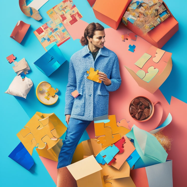 An illustration of a person surrounded by scattered puzzle pieces, with some pieces connecting to form a completed puzzle in the center, with a subtle ecommerce background of shopping bags and prices.