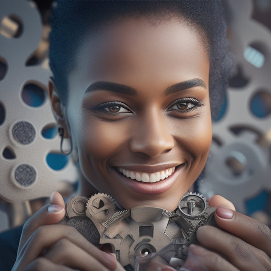 An illustration of a person holding a puzzle piece, with a subtle smile, surrounded by interconnected gears, cogs, and puzzle pieces forming a circular pattern, conveying harmony and unity.