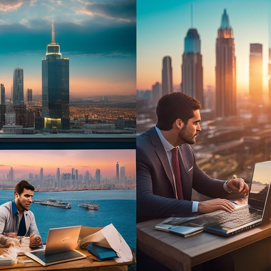 A split-screen image with a laptop on the left displaying a growing bar graph, and a person on the right sitting in front of a city skyline at sunset, surrounded by stacks of money and shopping bags.