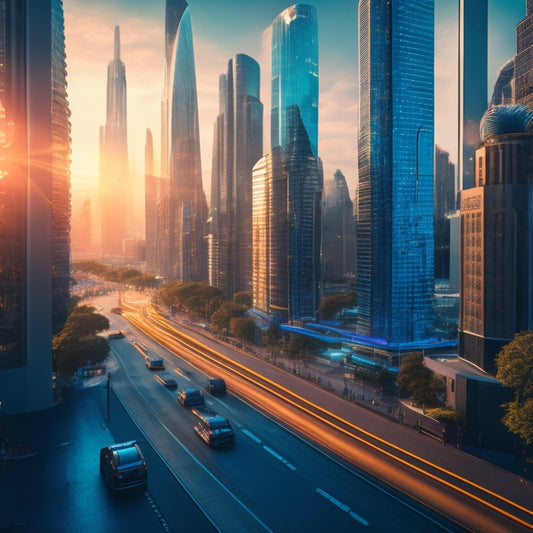 A futuristic cityscape with sleek skyscrapers, robots and drones navigating streets, and augmented reality interfaces projected onto buildings, blending traditional architecture with cutting-edge technology.