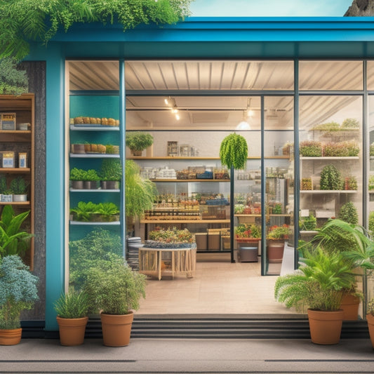 An illustration of a small business storefront transforming into a global hub, with digital connections radiating outward, surrounded by growing plants and ascending graphs.
