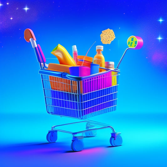 An illustration of a stylized, glowing shopping cart overflowing with various products, surrounded by speech bubbles, star ratings, and thumbs up, set against a bright, gradient blue background.