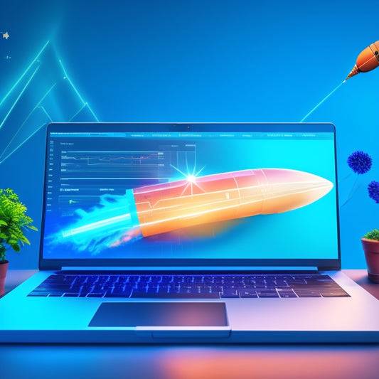 A stylized, modern illustration of a rocket ship blasting off from a laptop, surrounded by rising graphs and charts, set against a bright blue background with subtle, gradient effects.