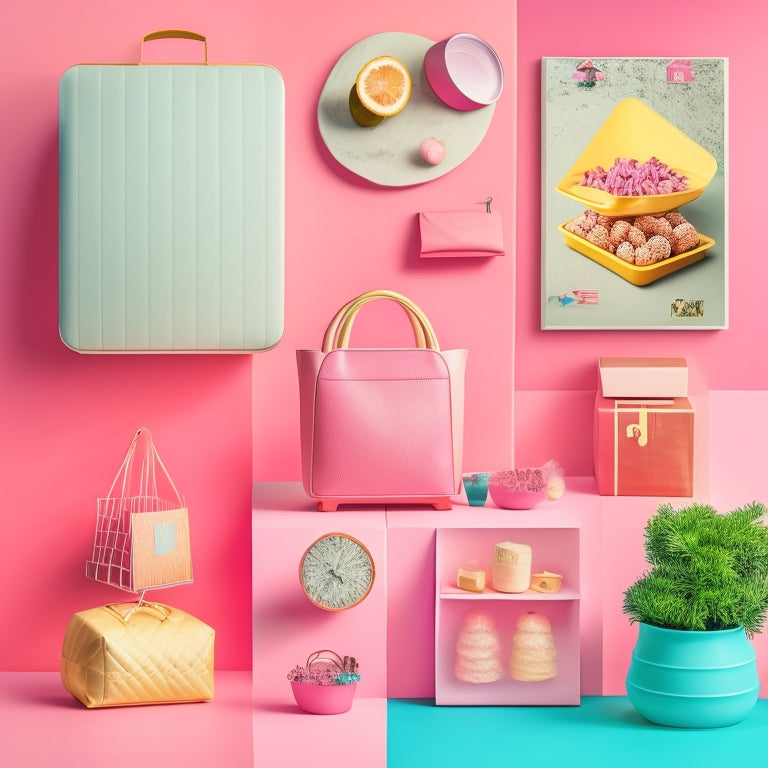 A stylized illustration of a Pinterest board with vibrant, overlapped images of e-commerce products, surrounded by subtle shopping carts, bags, and arrows, set against a soft, pastel pink background.