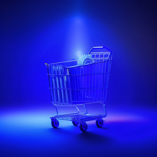 A futuristic, minimalist illustration of a shopping cart with gears and cogs inside, surrounded by a halo of light, set against a dark blue or purple background, symbolizing efficiency and innovation.