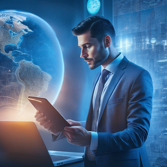 An illustration of a merchant standing in front of a large, glowing globe with digital pathways radiating from it, connecting to various devices, such as laptops, smartphones, and tablets.