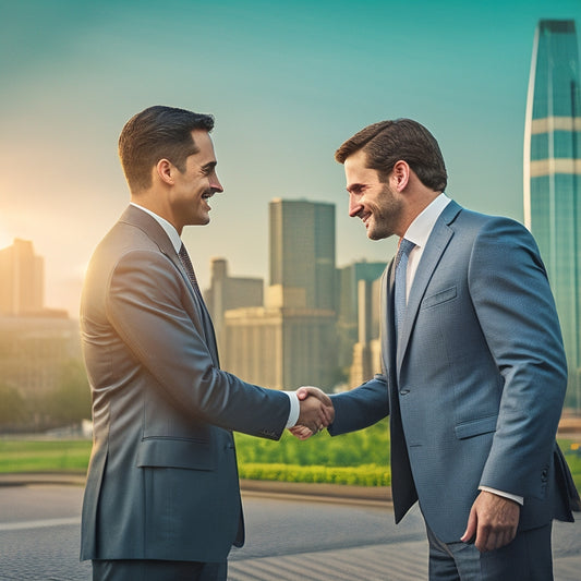 A businessman confidently shakes hands with a merchant services representative in front of a cityscape, surrounded by swirling green lines and checks, conveying speed, security, and reliability.