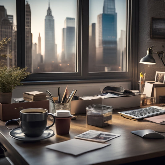 A cluttered office desk with a laptop, coffee cups, and scattered papers, surrounded by stacked boxes and shipping materials, with a blurred cityscape outside the window.