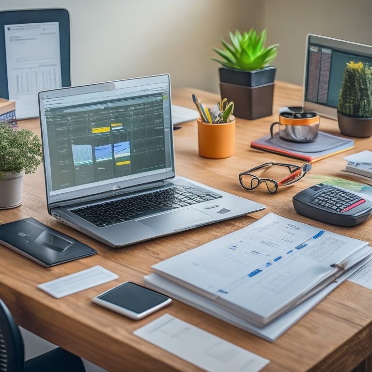 A professional, organized workspace with a laptop, calculator, and stacked folders, surrounded by subtle ecommerce icons (cart, package, etc.) and a blurred background of financial charts and graphs.