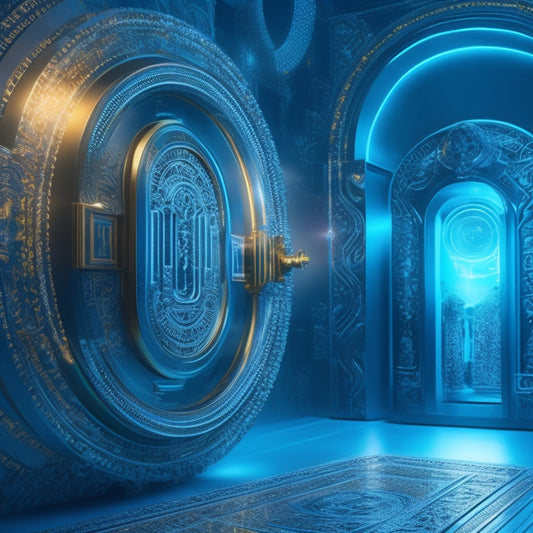A futuristic, high-tech background with glowing blue circuits and neon-lit pathways, featuring a large, ornate keyhole with a shimmering golden key inserted, surrounded by subtle ecommerce icons.