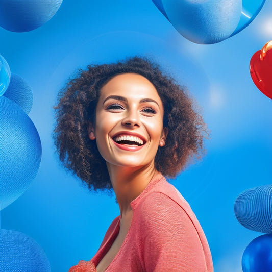 A stylized, modern illustration of a smiling customer surrounded by concentric growing circles, with tiny shopping bags and hearts orbiting around, on a bright, gradient blue background.