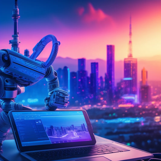 A futuristic robot arm holding a tablet, surrounded by orbiting digital products, with a subtle cityscape background and a gradient of blues and purples to convey innovation and technology.