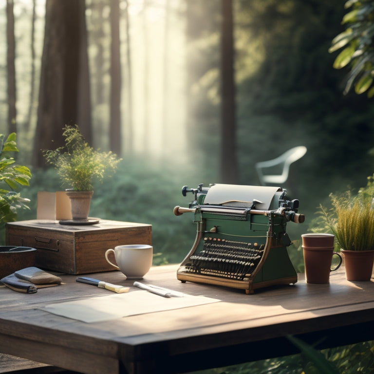 A minimalist desk with a wooden easel, a half-finished canvas, a cup of steaming coffee, a vintage typewriter, and a few scattered paintbrushes, surrounded by lush greenery and warm, natural light.