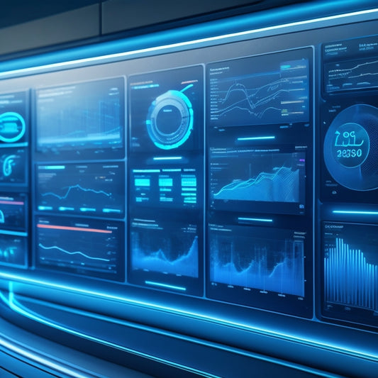 A futuristic dashboard with sleek, curved lines and glowing blue accents, displaying various analytics graphs and charts on multiple screens, surrounded by subtle circuit board patterns.