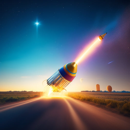 A stylized illustration of a rocket ship blasting off from a shopping cart, surrounded by a halo of light, with a subtle ecommerce-themed background, conveying speed, growth, and success.