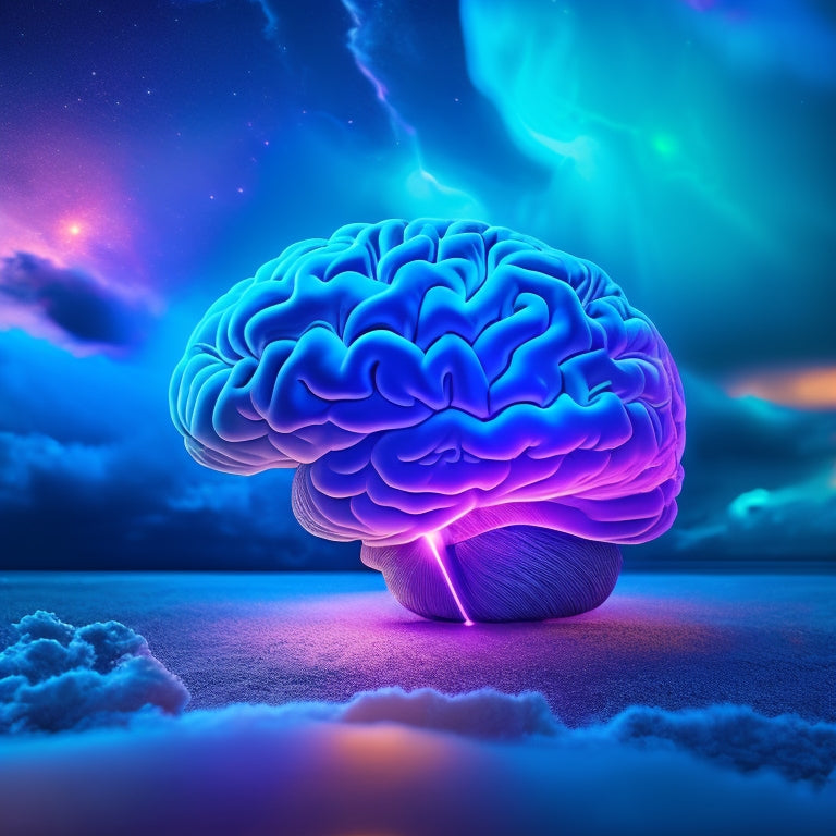 A vibrant, futuristic brain with glowing blue neurons, surrounded by swirling clouds of colorful sticky notes, connected by radiant lines and bursting with creative ideas, amidst a dark, starry night sky.