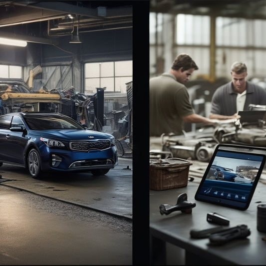 A split-screen image featuring a damaged Kia vehicle on the left, with a tablet or smartphone screen on the right displaying a paused video of the same vehicle in a repair shop, with tools and technicians in the background.