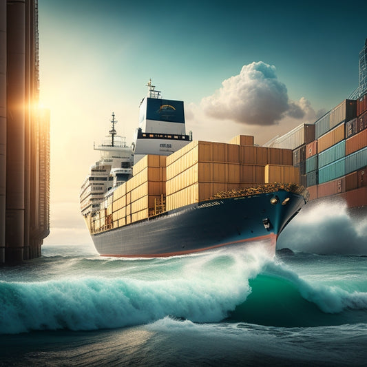 A stylized illustration of a ship navigating through choppy waters, with shopping bags and boxes forming the waves, and a subtle cityscape or warehouse in the background, with hints of digital screens and networks.