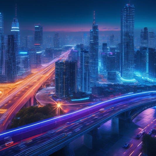 A futuristic, neon-lit cityscape at dusk, with sleek skyscrapers and bustling streets, overlaid with glowing blue circuit boards, wires, and subtle shopping bag icons, symbolizing the fusion of technology and commerce.