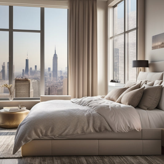 An elegant, sprawling bed with plush pillows and a duvet in a soft, creamy linen fabric, surrounded by a minimalist, upscale bedroom with a large window and a cityscape view.