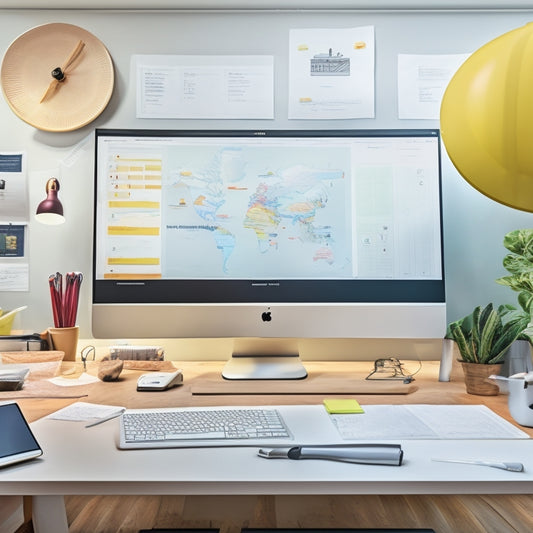 Illustrate a stylized, minimalist workspace with a large, curved customer journey map on a whiteboard, surrounded by various tools like sticky notes, colored pens, and a laptop with a wireframe design on the screen.