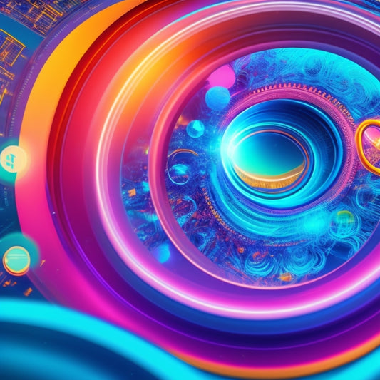 A futuristic ecommerce website background with a stylized magnifying glass icon at the center, surrounded by swirling lines and nodes, radiating outward in a mesmerizing pattern of light and color.