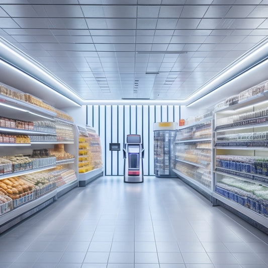 A futuristic supermarket interior with sleek, minimalist shelves and augmented reality displays hovering above products, while robots and drones assist customers and restock inventory in the background.