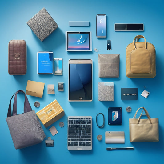 An illustration of a seamless, interconnected network of devices, including smartphones, laptops, and tablets, surrounded by stylized ecommerce elements like shopping bags, credit cards, and package icons.