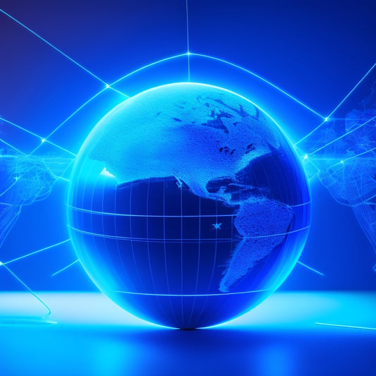 A futuristic, minimalist illustration of a stylized globe with glowing blue lines and nodes, surrounded by orbiting Shopify logos, with a subtle, gradient ecommerce shopping cart in the background.