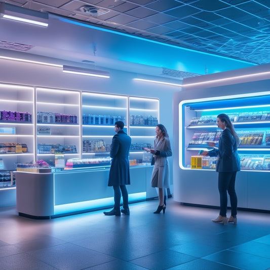 A futuristic retail store interior with sleek, minimalist shelves and a modern, glowing POS terminal at the counter, surrounded by happy customers and busy staff, with subtle, futuristic neon lights.