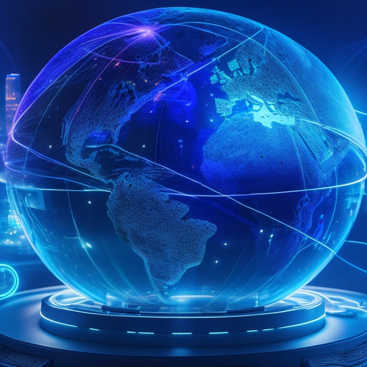 A futuristic, spherical globe with glowing blue circuits and wires wrapped around it, surrounded by floating laptops, tablets, and smartphones, all connected by sparkling, neon-lit lines.
