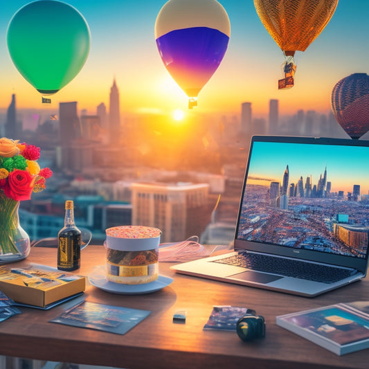 An illustration of a merchant's desk with a laptop and a few packages, surrounded by confetti and balloons, with a subtle background of a cityscape at sunrise, symbolizing success and celebration.