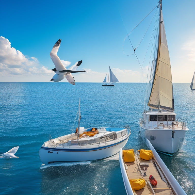 A serene ocean background with a sailboat and a few seagulls flying overhead, surrounded by scattered essential marine equipment like life jackets, ropes, and navigation tools at discounted prices.