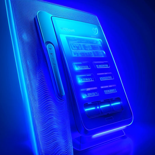 A futuristic, minimalist illustration of a sleek, silver payment terminal with glowing blue circuits, surrounded by swirling, abstract lines of code, set against a dark, gradient blue background.