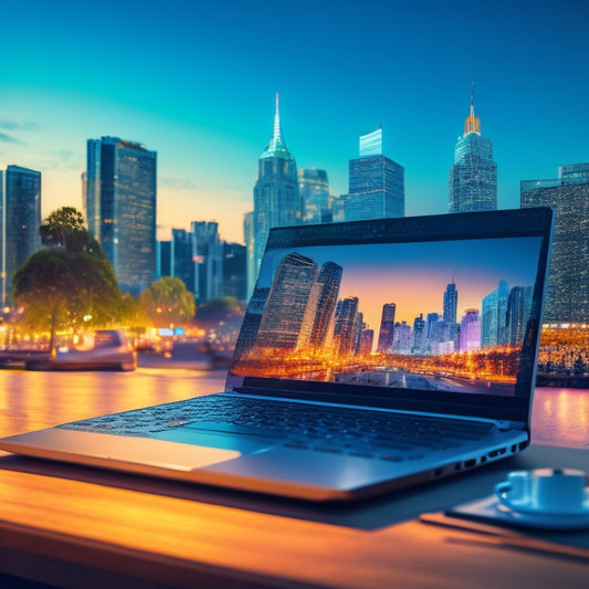 An illustration of a laptop surrounded by various ecommerce icons (shopping cart, dollar signs, etc.) with a subtle cityscape or business district background, symbolizing online success.