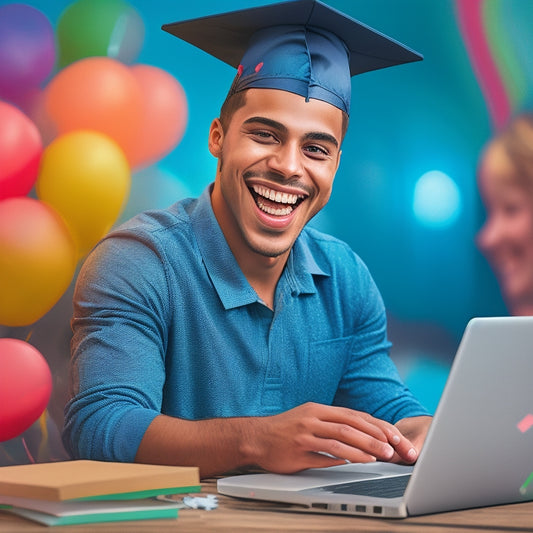 An illustration of a smiling student sitting in front of a laptop, surrounded by trophies, confetti, and a subtle background of a graduation cap, conveying a sense of achievement and success.